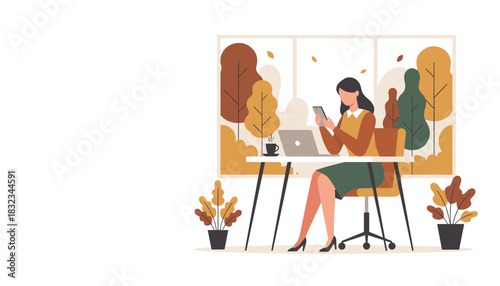 Professional woman using phone and laptop at desk remote work in autumn setting