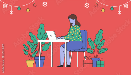 Woman working remotely on a laptop in a festive office setting decorated with ornaments and gifts