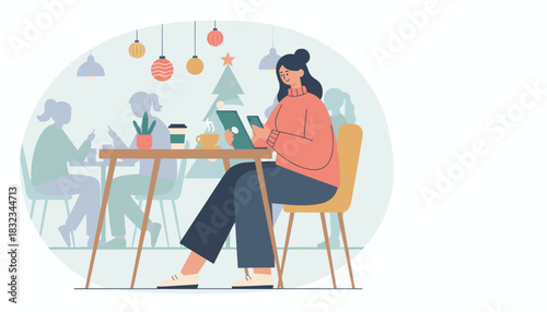 Woman uses tabletphone while remote working in a festive winter cafe Cozy holiday digital lifestyle