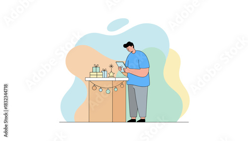 Preparing for holidays man uses tablet near decorated table with gifts