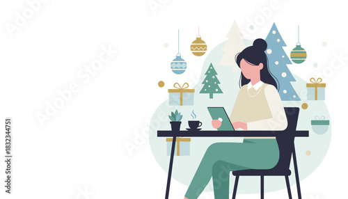 Professional woman planning holiday business or shopping online at Christmas