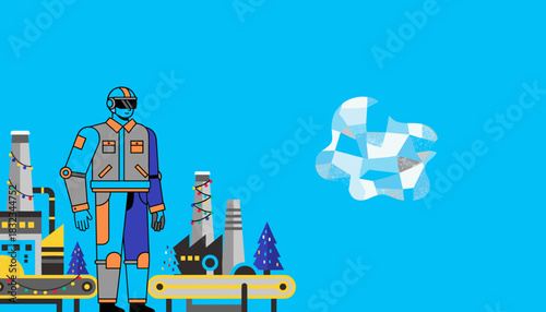 A robotic worker stands by a festive factory conveyor belt decorated for Christmas production