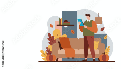 Autumn home lifestyle Man stands using a tablet device in a cozy room with fall decor