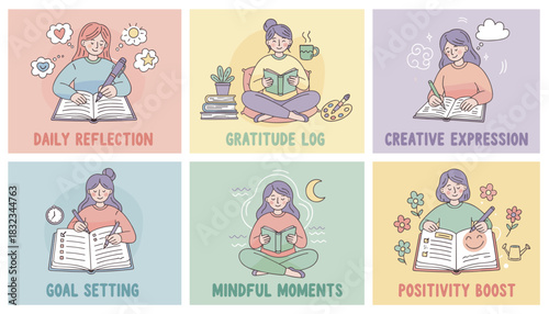 Set of illustrations for selfimprovement journaling and mental wellbeing daily reflection goal setting gratitude