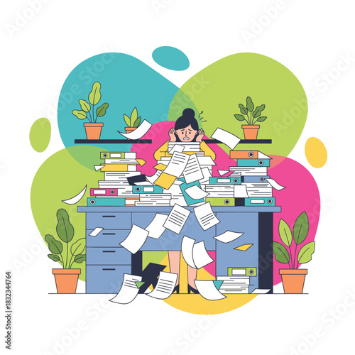 Overworked employee stressed by massive paperwork and deadlines suffering from office burnout