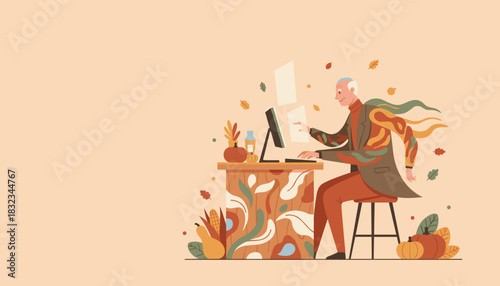 Creative senior man working on a computer at a festive autumn desk Technology and productivity concept