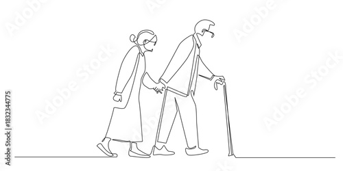 Continuous line drawing of an elderly couple walking together, holding hands while the man uses a cane. Single-line illustration suitable for family themes, senior care, companionship.