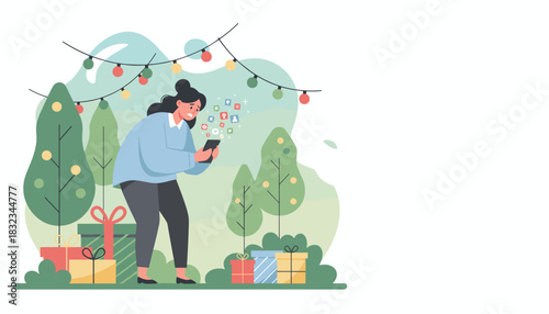 Woman overwhelmed by social media notifications on phone near gifts and holiday decorations