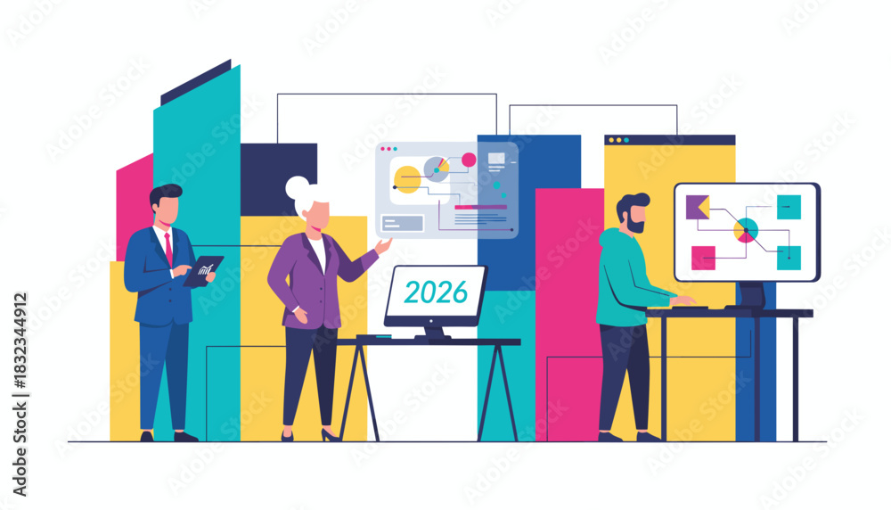 Fototapeta premium Professional business team analyzing financial data and planning for the year 2026