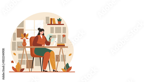 Woman working from home office using phone and laptop in autumn setting Remote work concept