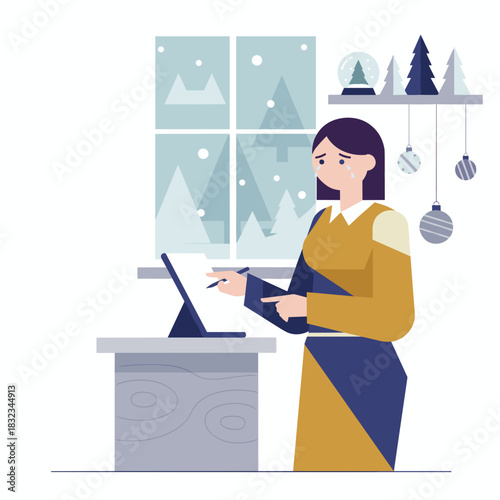 Stressful holidays Crying woman writing at desk with winter window view and festive decor
