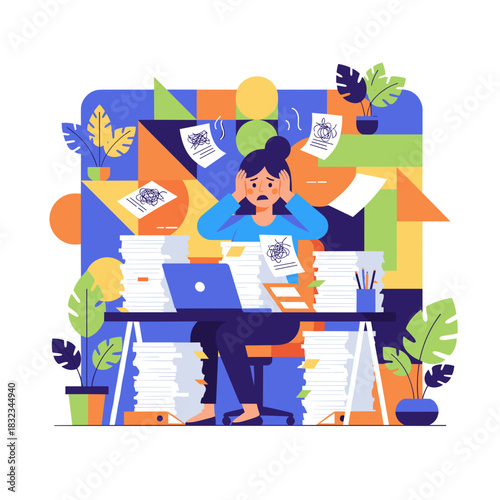 Overwhelmed office worker panicking under piles of paperwork and deadlines