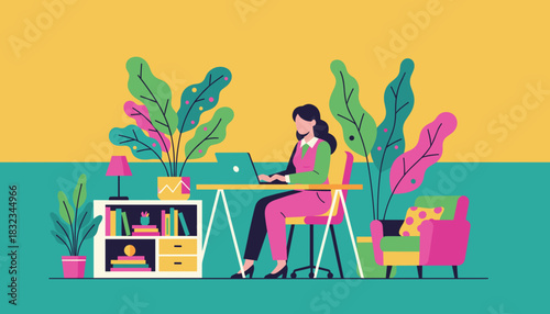 Creative workspace vector illustration woman working remotely on laptop