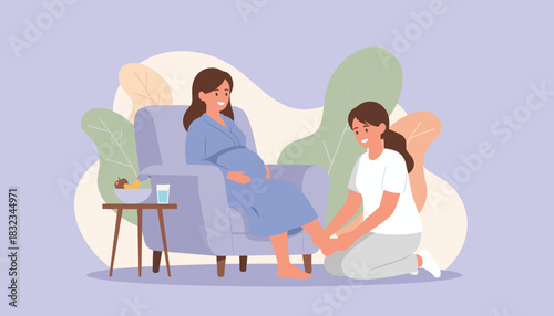 Prenatal care Woman receiving a calming foot massage while relaxing in a cozy armchair