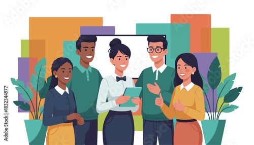 Diverse team of smiling professionals collaborating with a tablet Teamwork and success concept