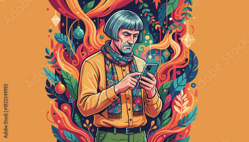 Vibrant illustration of a stylish older man using a smartphone against a festive colorful background