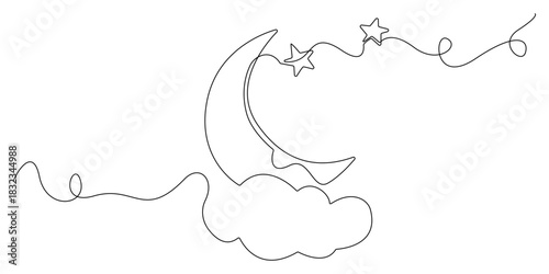 Continuous line drawing of a crescent moon resting on a cloud with two stars. Single-line illustration suitable for bedtime, dreams, and night themes.