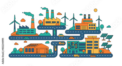 Urban industrial landscape flat design featuring factories renewable energy sources and city transportation