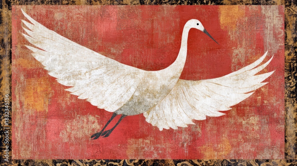 Naklejka premium A white crane with outstretched wings is depicted against a textured red background.