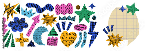 Set of cut out paper elements. Collage scrapbook stickers with crayon drawn doodles and patterns. Colorful elements
