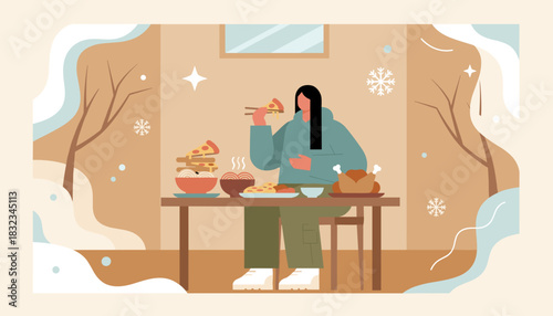 A woman enjoys comfort food feast indoors during winter snowfall Cozy abundance concept illustration