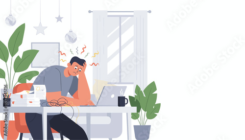 Frustrated man overwhelmed by workload and stress working at home desk professional burnout concept