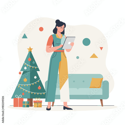 Sad woman with tablet near Christmas tree dealing with holiday stress loneliness or shopping debt