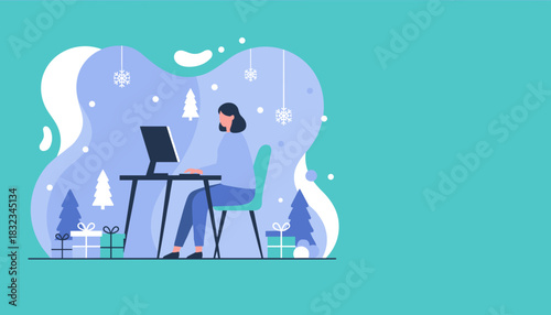 Woman working on computer in festive winter scene Remote holiday work and seasonal deadlines illustration