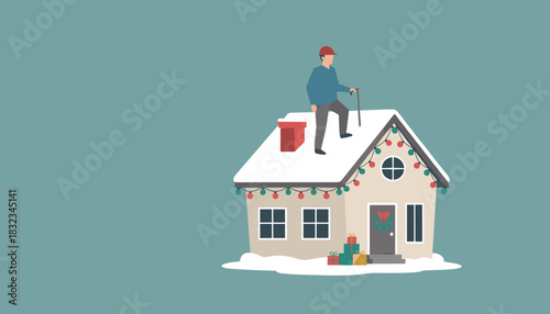 Man on snowy roof fixing Christmas lights Winter holiday home maintenance and preparation illustration
