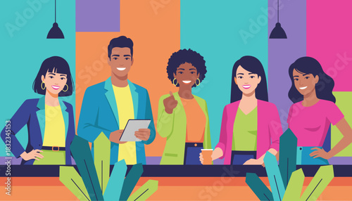 Vibrant portrait of a diverse business team smiling in a modern creative office setting