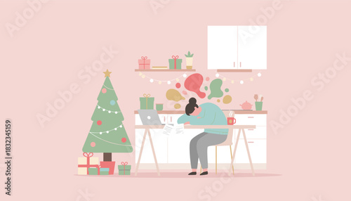 Holiday burnout Woman exhausted working at home amidst Christmas decorations