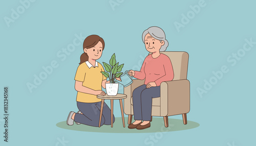 Young woman and senior lady caring for a houseplant together Intergenerational care concept