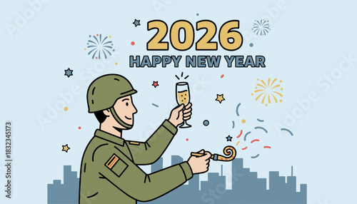 Military character celebrating 2026 New Year holding champagne and party horn illustration