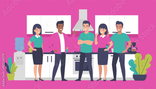 Diverse team smiling in a cheerful office break room Business communication and teamwork concept