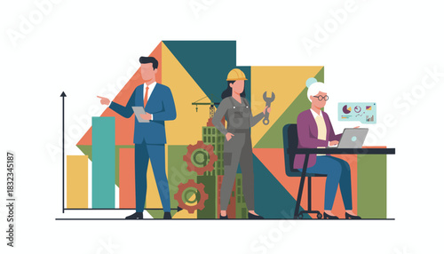 Diverse professional careers business engineering and data analysis driving industry growth