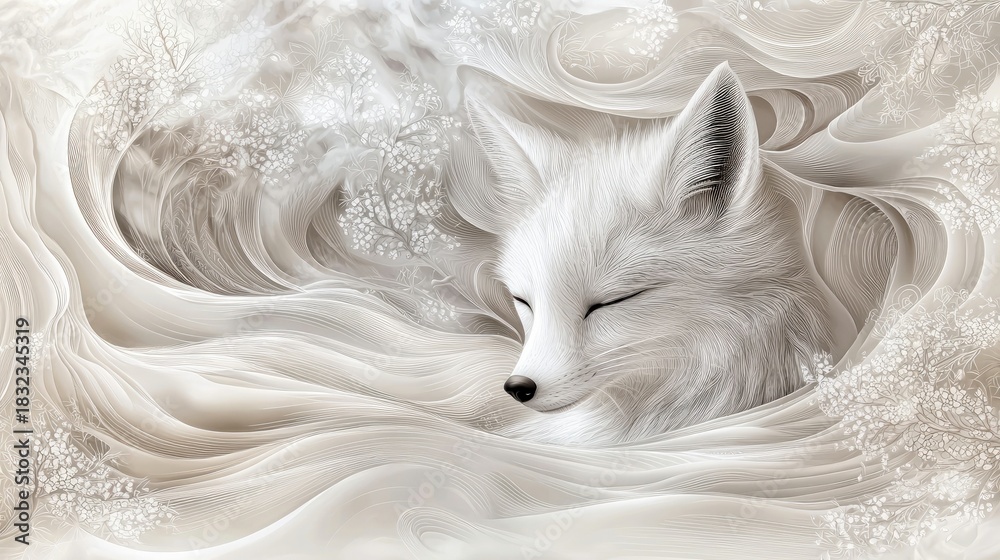 Obraz premium A beautiful white fox is sleeping peacefully in a soft, dreamy winter landscape. The image evokes a sense of calm and tranquility.
