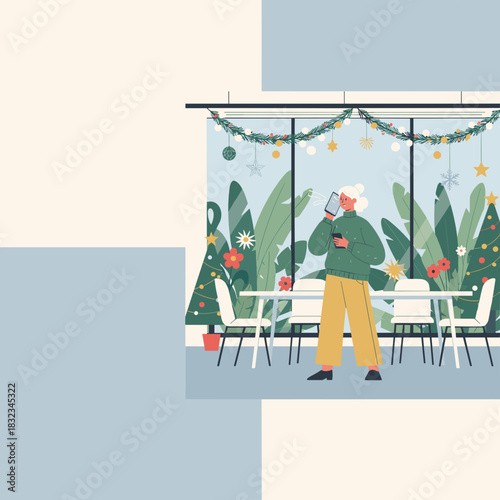 Woman uses phone for video call in a modern Christmas cafe with tropical plants