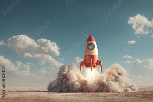 Whimsical Launch of a Retro Rocket in a Clear Sky With Clouds and Smoke at a Desert Launch Site