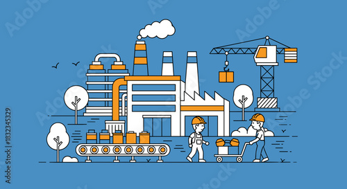 Factory workers overseeing production and logistics at a large industrial plant