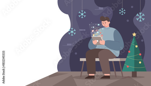 Man overwhelmed by digital information and social media stress on tablet during Christmas season
