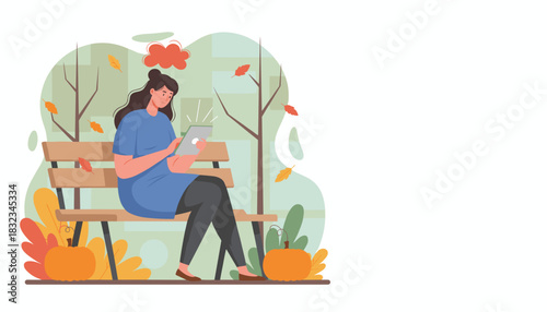 Woman using tablet on a park bench in autumn Seasonal digital communication and leisure illustration
