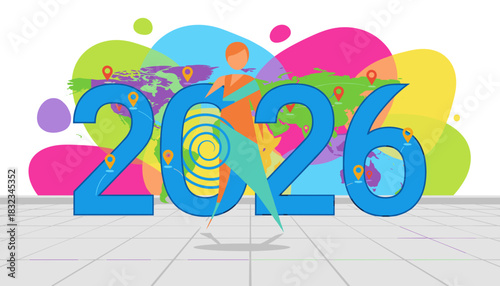 Dynamic 2026 goals concept with a stylized runner world map and global travel routespins