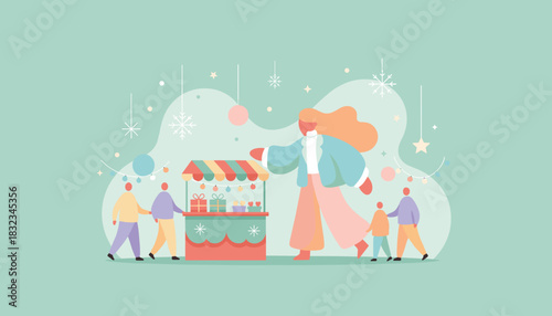 Festive winter market shopping illustration People buying gifts and enjoying the holiday season