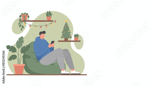 Cozy man relaxing on a beanbag using a phone in a festive plantdecorated home Digital lifestyle