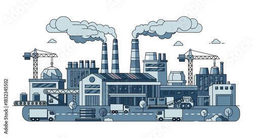 Modern industrial complex illustration with factories chimneys trucks and production lines