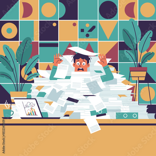 Overwhelmed worker buried under endless paperwork and documents Workplace stress concept