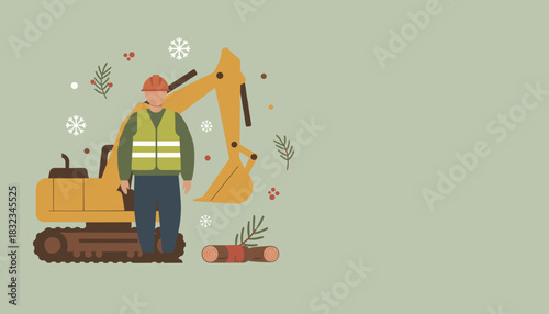 Construction worker excavator and winter holiday elements Industrial Christmas illustration
