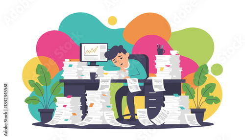 Stressed businessman overwhelmed by paperwork and excessive workload office burnout concept