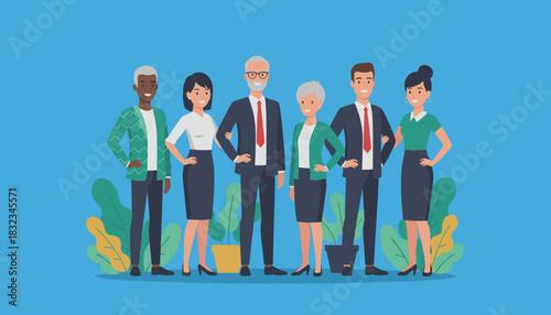 Diverse team of six professionals smiling representing teamwork success and corporate leadership