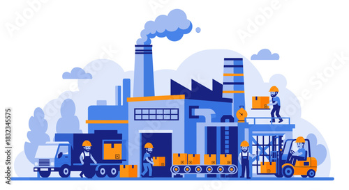 Factory production and logistics illustration with workers loading boxes onto a truck